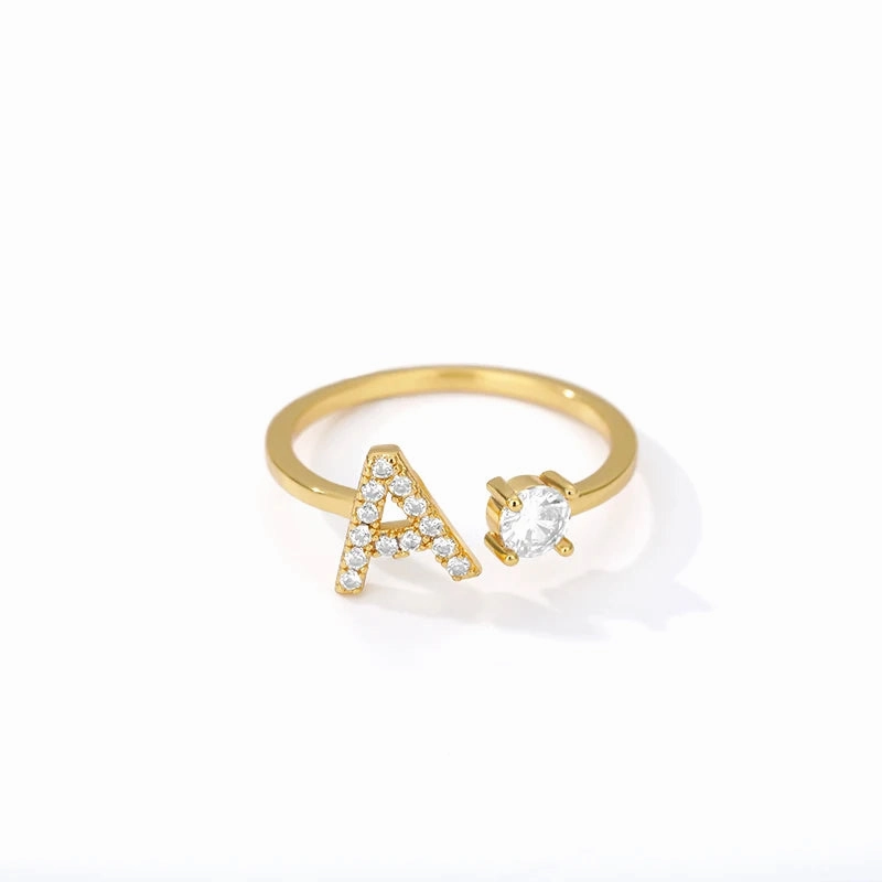 Zircon Initial A-Z Letter Rings For Women Adjustable Jewelry