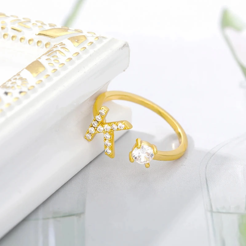 Zircon Initial A-Z Letter Rings For Women Adjustable Jewelry