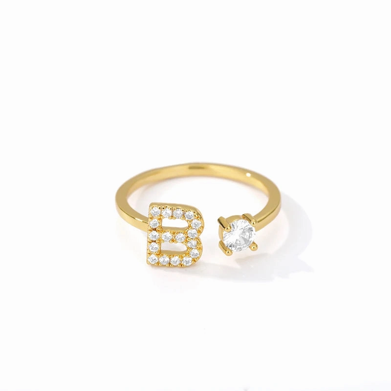 Zircon Initial A-Z Letter Rings For Women Adjustable Jewelry