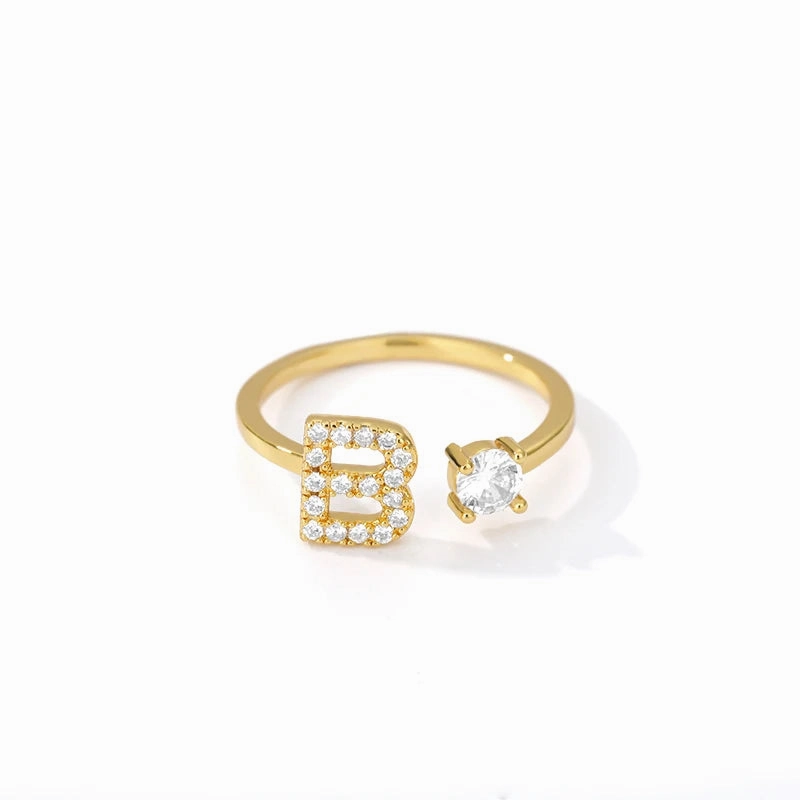 Zircon Initial A-Z Letter Rings For Women Adjustable Jewelry