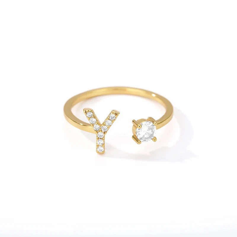 Zircon Initial A-Z Letter Rings For Women Adjustable Jewelry