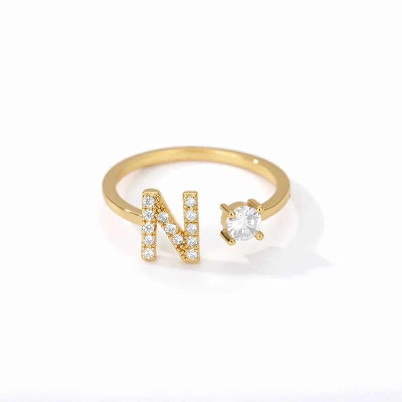 Zircon Initial A-Z Letter Rings For Women Adjustable Jewelry