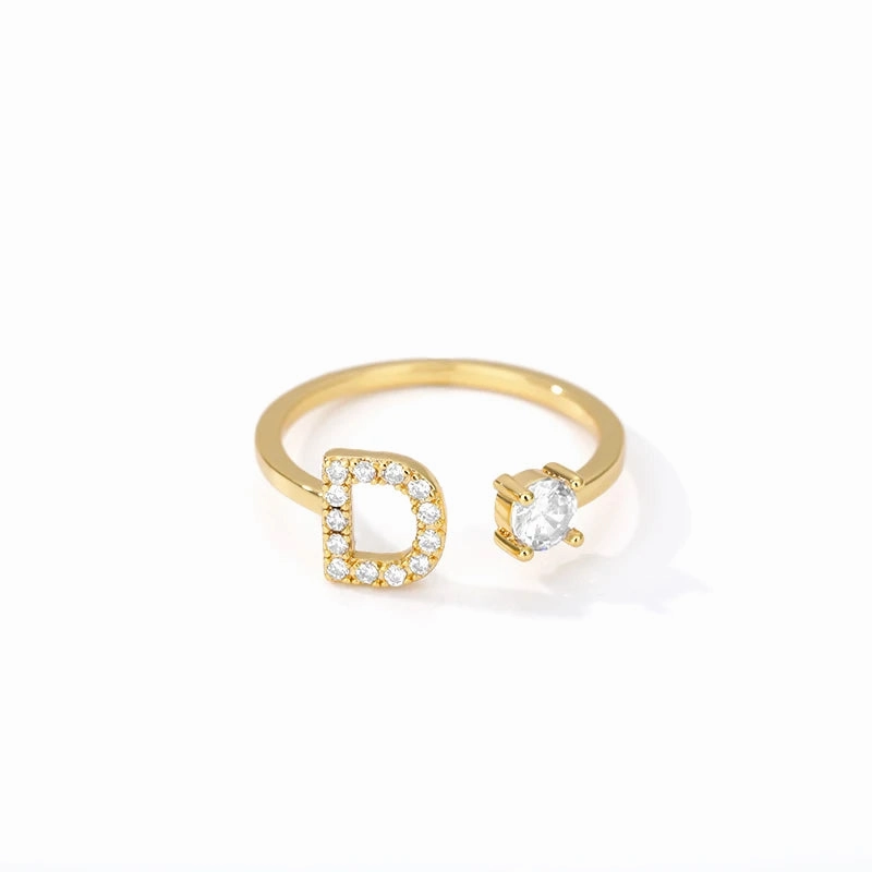 Zircon Initial A-Z Letter Rings For Women Adjustable Jewelry