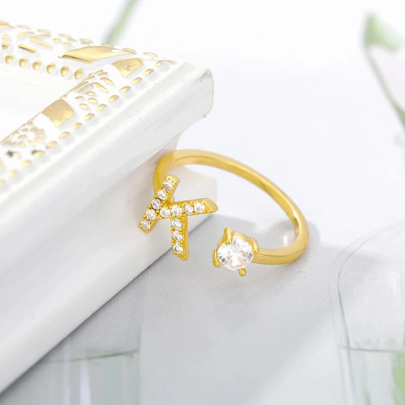 Zircon Initial A-Z Letter Rings For Women Adjustable Jewelry