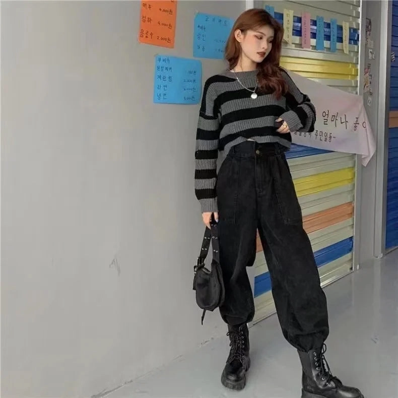 ZMZBCH Korean Style Autumn Striped Cropped Sweater for Women