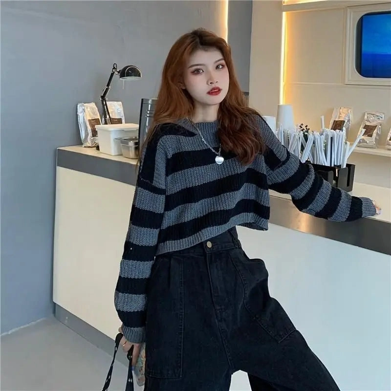 ZMZBCH Korean Style Autumn Striped Cropped Sweater for Women