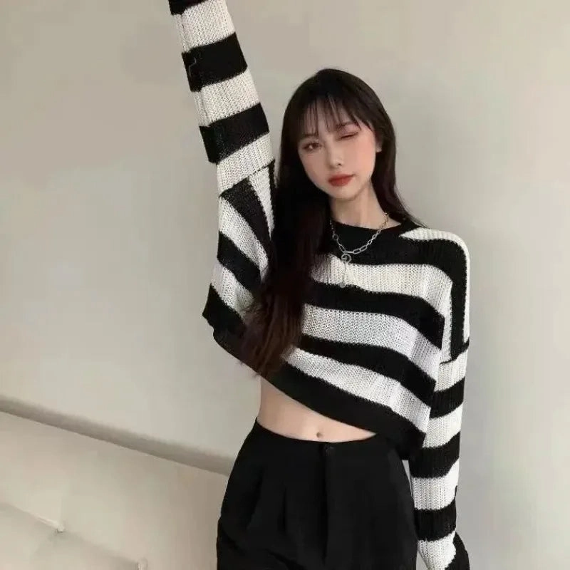 ZMZBCH Korean Style Autumn Striped Cropped Sweater for Women