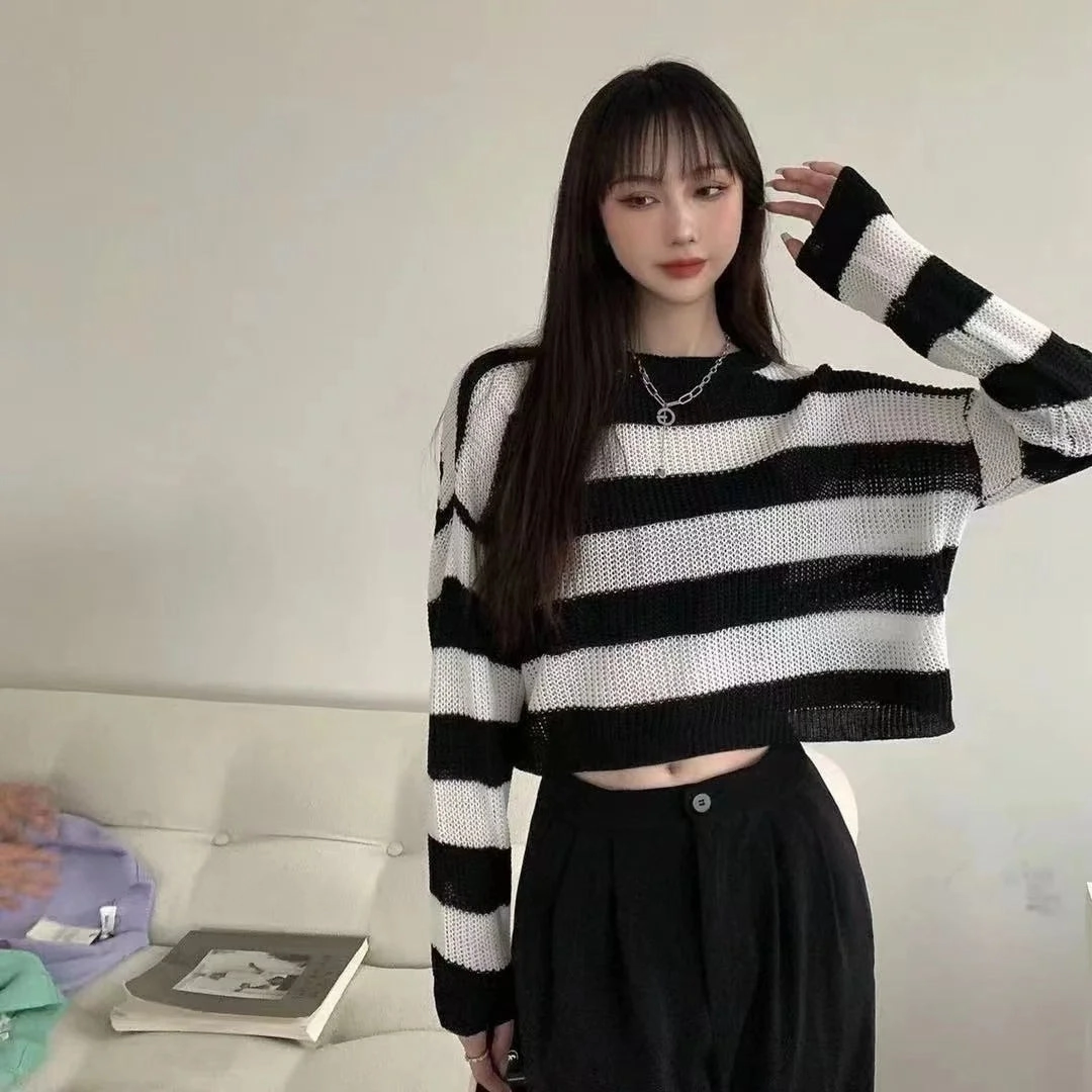 ZMZBCH Korean Style Autumn Striped Cropped Sweater for Women