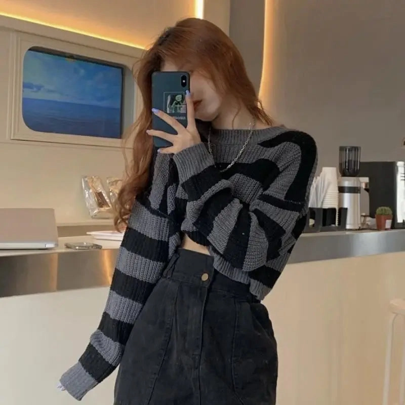 ZMZBCH Korean Style Autumn Striped Cropped Sweater for Women