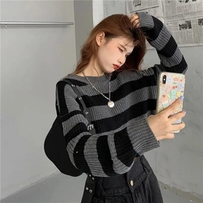 ZMZBCH Korean Style Autumn Striped Cropped Sweater for Women