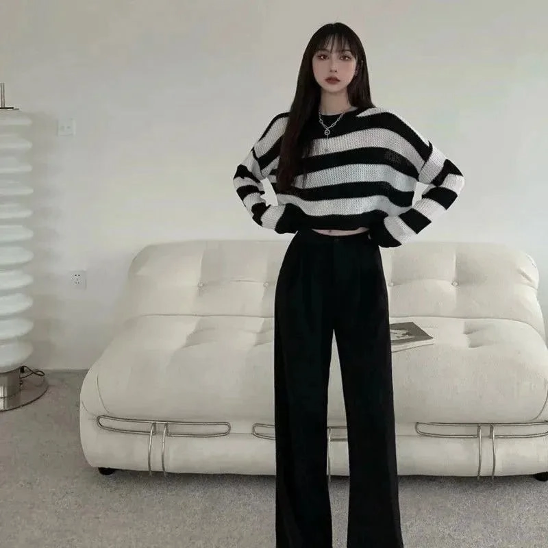 ZMZBCH Korean Style Autumn Striped Cropped Sweater for Women